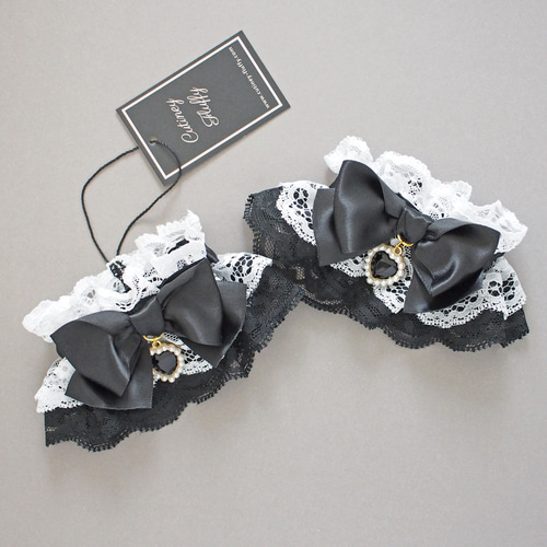 お袖留め 付け カフス 付け袖 ハートチャーム ダブルレース ブラック