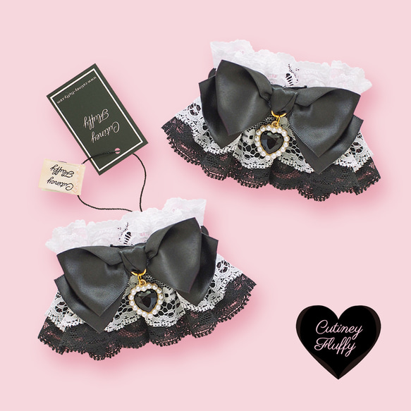 お袖留め 付け カフス 付け袖 ハートチャーム ダブルレース ブラック