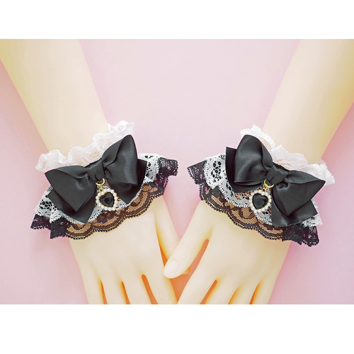 お袖留め 付け カフス 付け袖 ハートチャーム ダブルレース ブラック