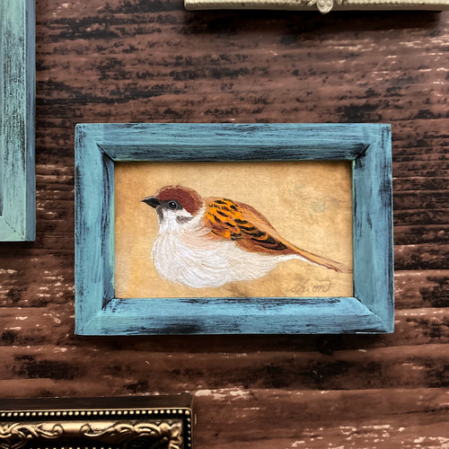 【楽ギフ_のし宛書】 受注制作】小さな絵画 スズメ③/原画 日本画 かわいい 動物 鳥 絵画