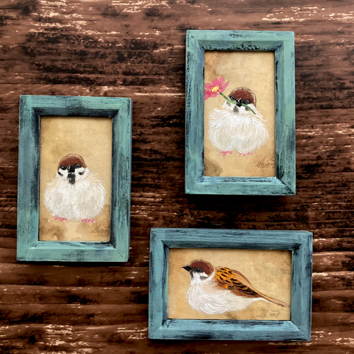 受注制作】小さな絵画 スズメ③/原画 日本画 かわいい 動物 鳥