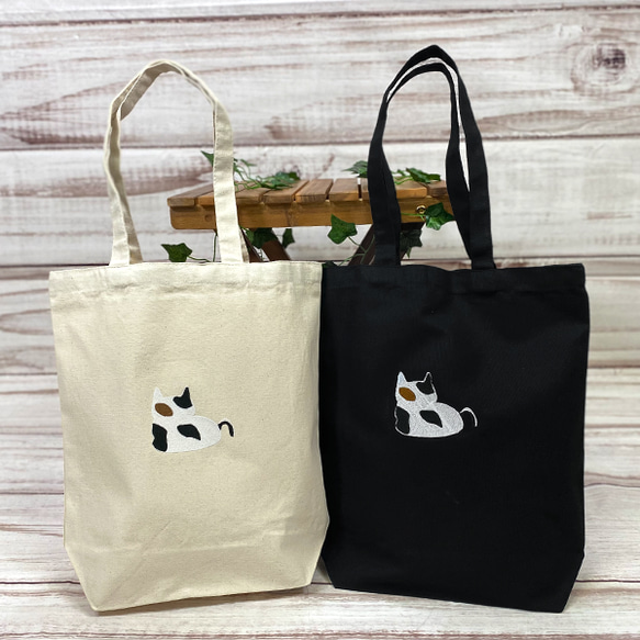 【一点物限定セール】お餅猫の刺繍 内ポケット付き コットンキャンバストートバッグ【送料無料】 15枚目の画像