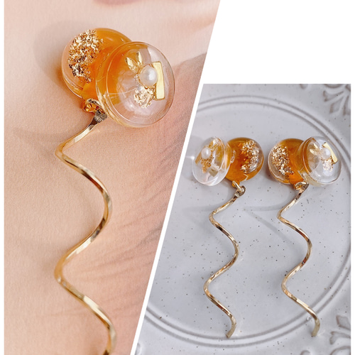 No.43 はんどめいど ＊オレンジ×クリアピアス＊ ピアス（スタッド・一 