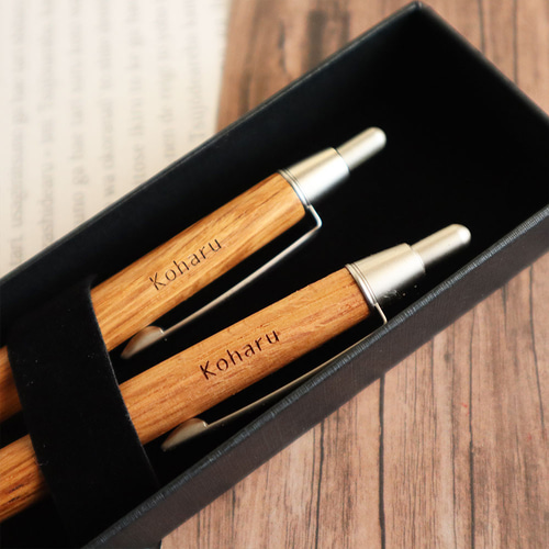 猫選べる 木製ボールペン ＆ シャープペンシル（ナチュラル） 【名入れ