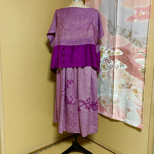 着物リメイク 総絞りの羽織から セットアップ 着物リメイク シルキ  