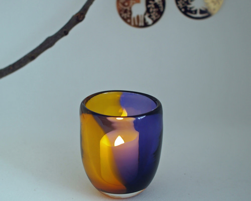 吹きガラスキャンドルホルダー 紫と黄色 キャンドル・キャンドル