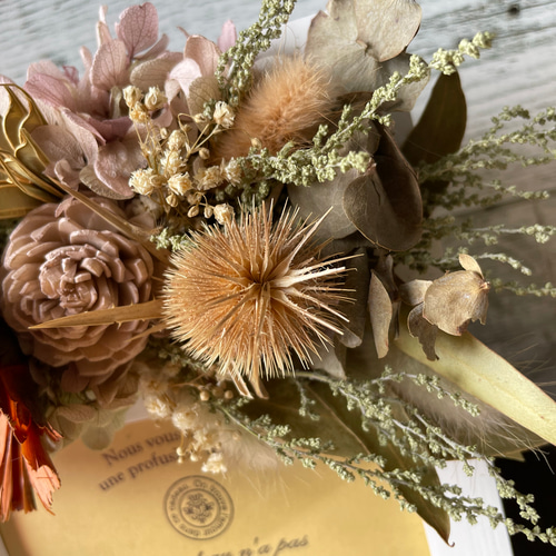 ドライフラワーのフォトフレーム 写真たてアンティークブラウン