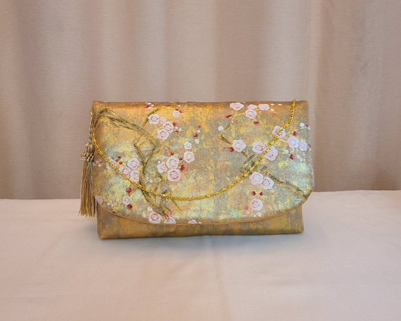 【楽天カード分割】 Creema限定♡母の日】梅花模様ゴールドシルク着物帯の2ways バッグ