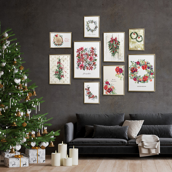 クリスマスのリースポスター　/ i1049 / モミの木やポインセチア　リースやスワッグ、アレンジメント 11枚目の画像