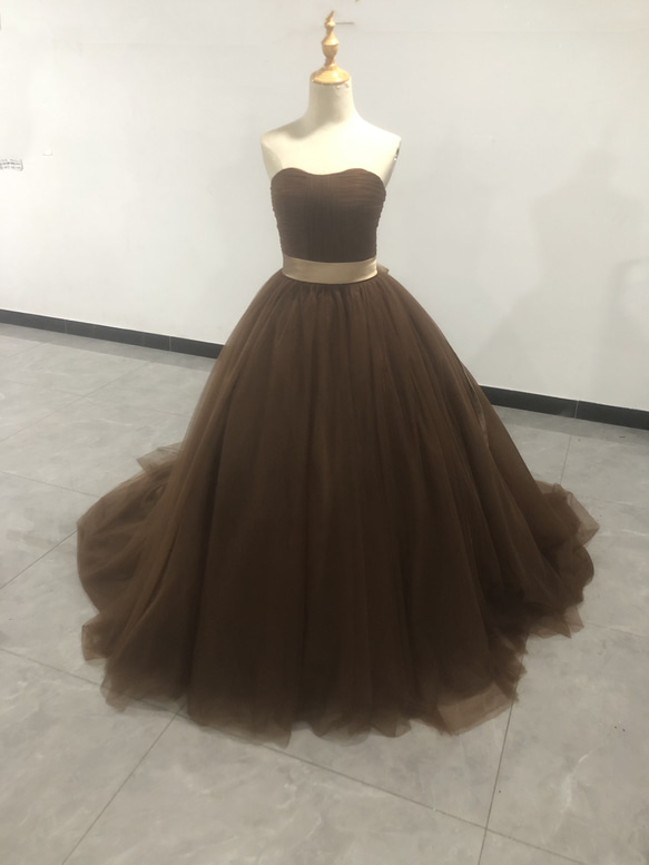 カラードレス コーヒーの色 2waysドレス 取り外しオフショルダー 結婚  