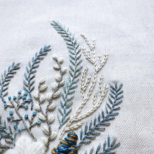 刺繍キット〕青と白のボタニカルスワッグ フレーム飾り キット