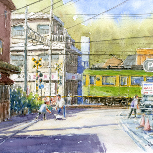 水彩画原画 江ノ電・稲村ヶ崎駅前踏切 ＃573 絵画 syoumei 通販