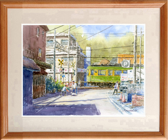 水彩画原画　江ノ電・稲村ヶ崎駅前踏切　＃573 1枚目の画像