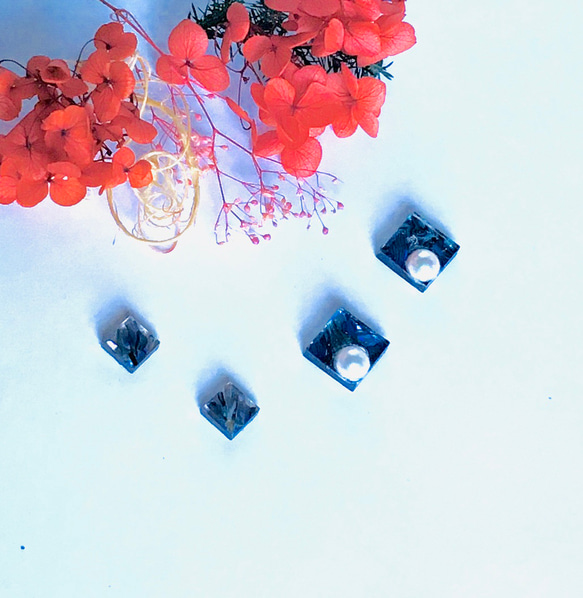 アコヤ真珠とブルースクエア螺鈿のピアスイヤリング【1570】正月　晴れ着 14枚目の画像