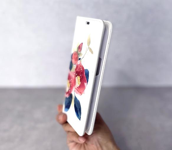 -椿- 花と草木の iPhone 手帳型スマホケース （内側デザイン入り） 4枚目の画像