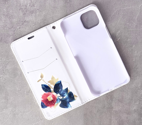 -椿- 花と草木の iPhone 手帳型スマホケース （内側デザイン入り） 7枚目の画像