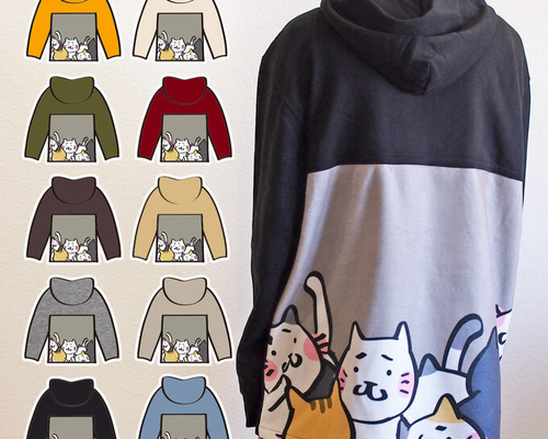 選べる10色！猫いっぱい柄 背中切替フードジップパーカー パーカー