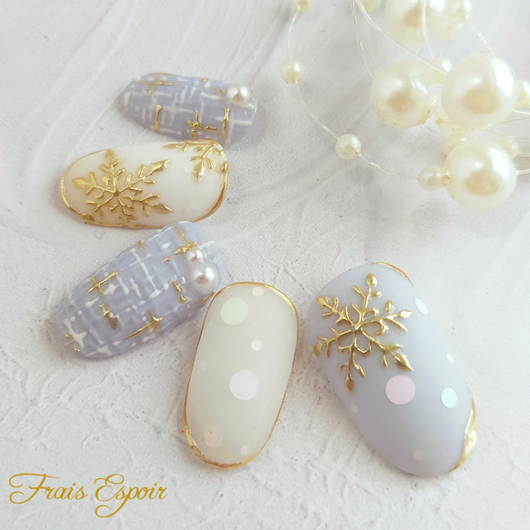 オーダーネイルチップNo.15 冬 手書き雪の結晶 クリスマス 手書き
