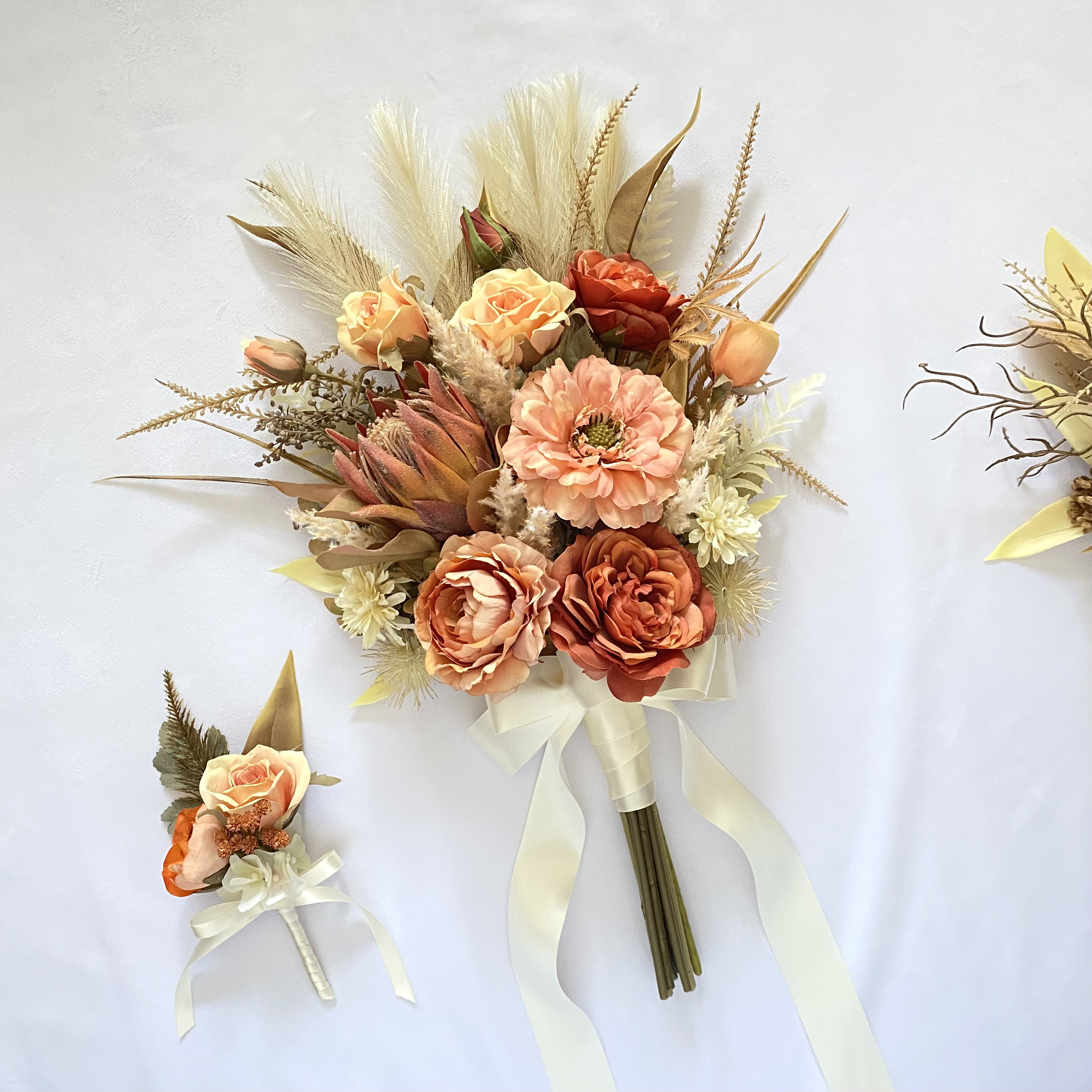 オレンジ系アーティシャルフラワー ブライダルブーケ ヘアアクセ