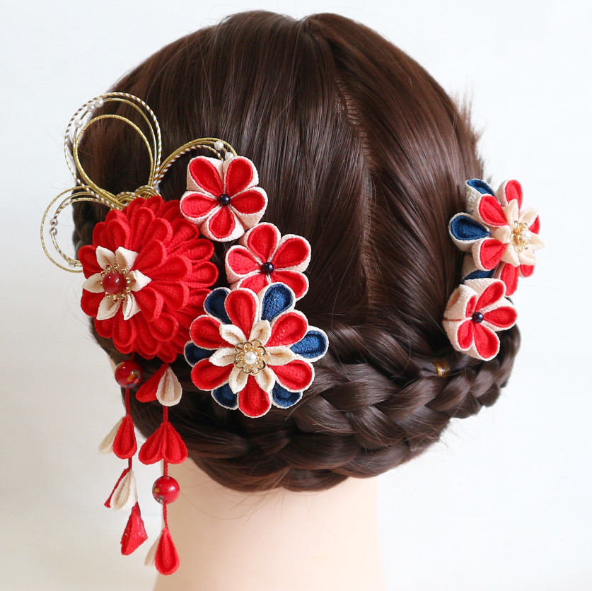 つまみ細工　髪飾り 【L-06】赤系　成人式　卒業式　和装 七五三