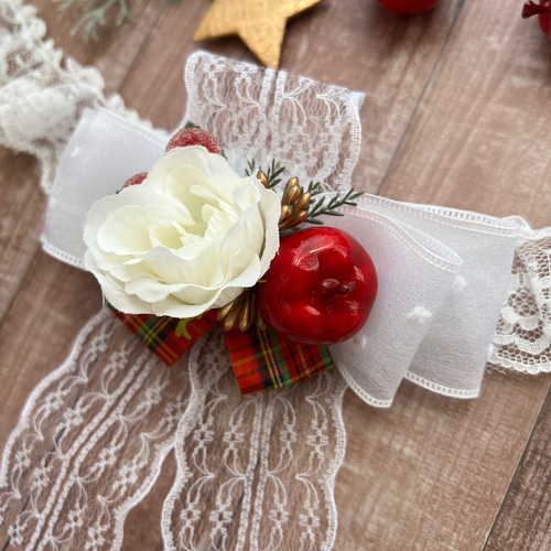 クリスマスリボンチョーカーホワイトリンゴ 犬服 犬 猫 ヘッドドレス