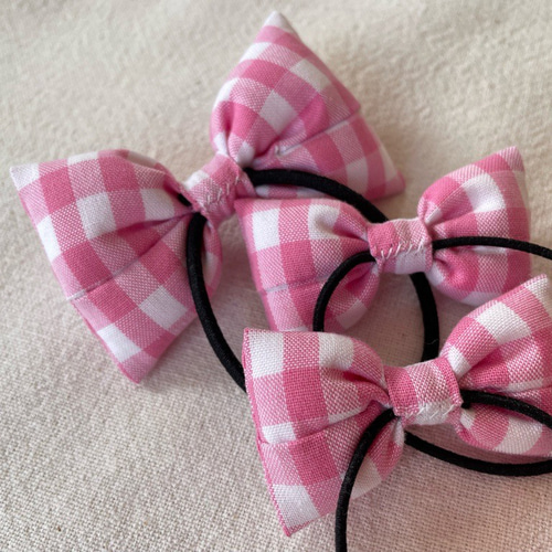 No.33リボンヘアゴム☆チェック柄☆ピンク系