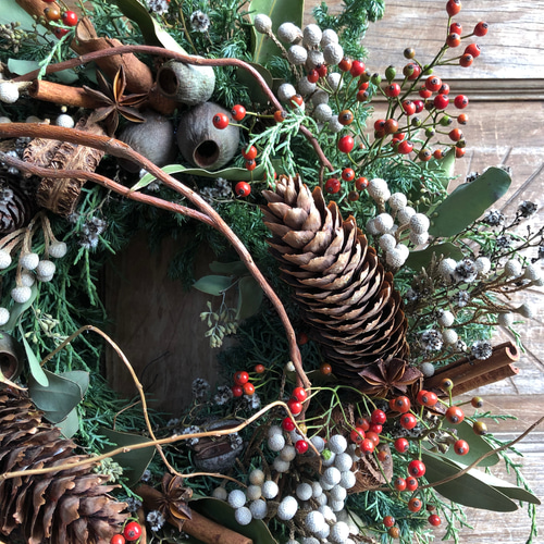 大きな松ぼっくりとバラの実ナチュラルリース 直径40センチ リース