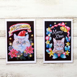クリスマスにゃんこポストカード２枚組　キラキラリースに囲まれた猫ちゃんとサンタ帽を被ったもふもふ猫ちゃんのセット 1枚目の画像
