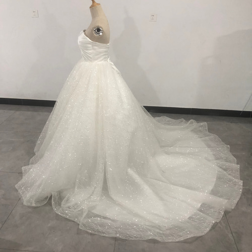 高品質！オフホワイト ドレス Aライン ベアトップ 背中見せ  