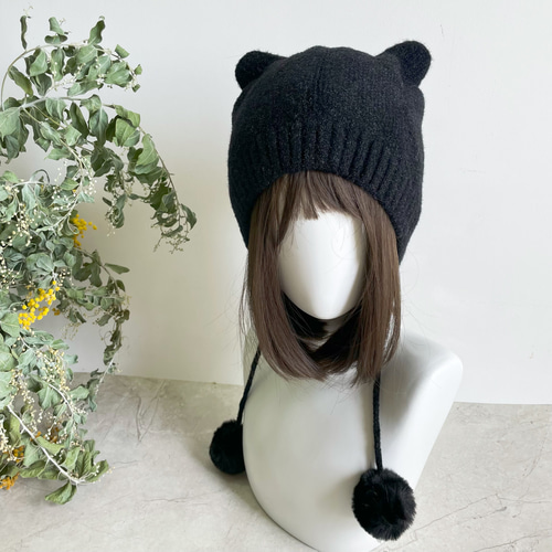 編み物 防寒 春 秋 冬 耳当て付きニット帽子 ポンポン付き 猫耳 帽子