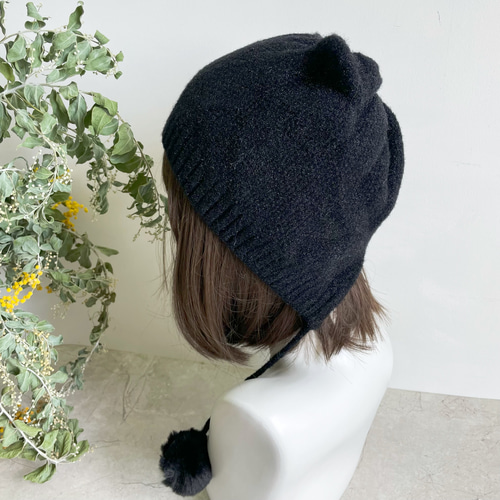 編み物 防寒 春 秋 冬 耳当て付きニット帽子 ポンポン付き 猫耳 帽子