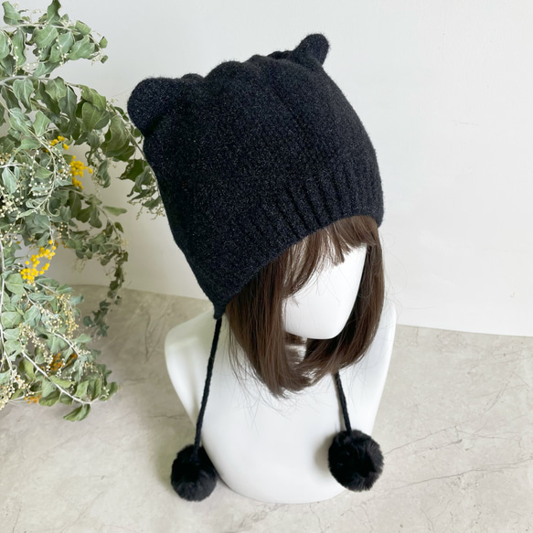 編み物 防寒 春 秋 冬 耳当て付きニット帽子 ポンポン付き 猫耳 帽子