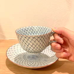 【京焼・清水焼】京都　水野春陽窯　染付　網　コーヒーカップ　ティーカップ　ソーサー付き 9枚目の画像