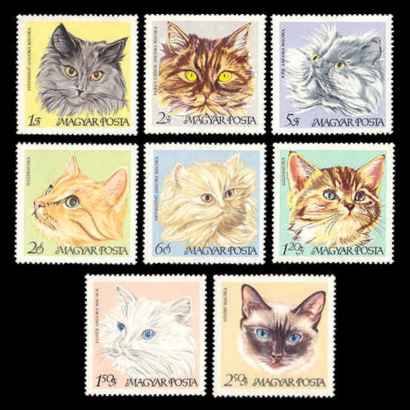 猫 ハンガリー 1968年 外国切手8種 未使用【猫 古切手 ハンドメイド用アクセサリーパーツ素材 蒸気猫】 1枚目の画像