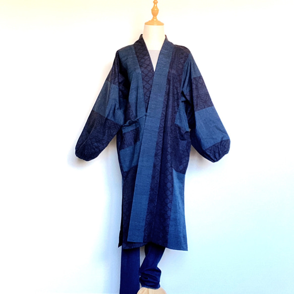 着物リメイク 結城紬 正絹紬 リバーシブル ロング コート マキシ 羽織