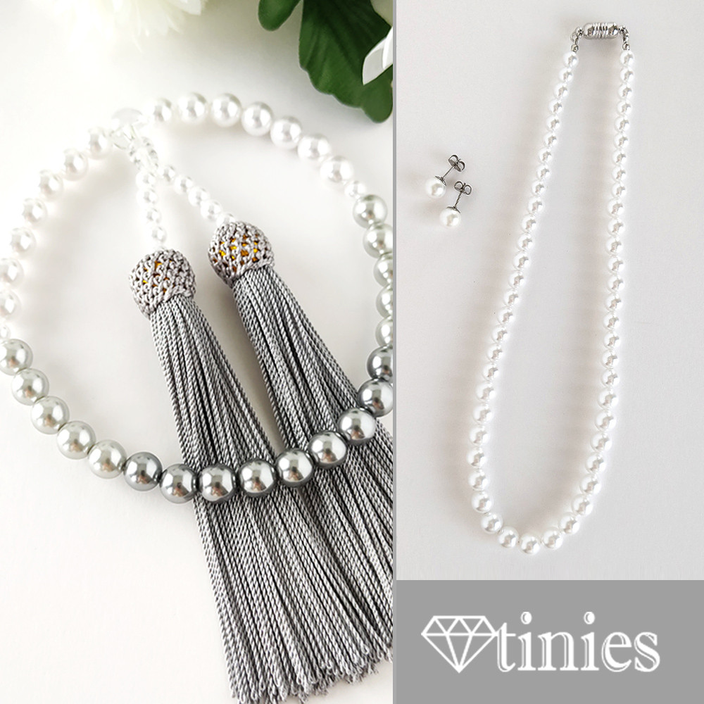 【冠婚葬祭に..３点セット】三色階調パールの数珠・略式念珠/灰房+パールネックレス&一粒ピアス