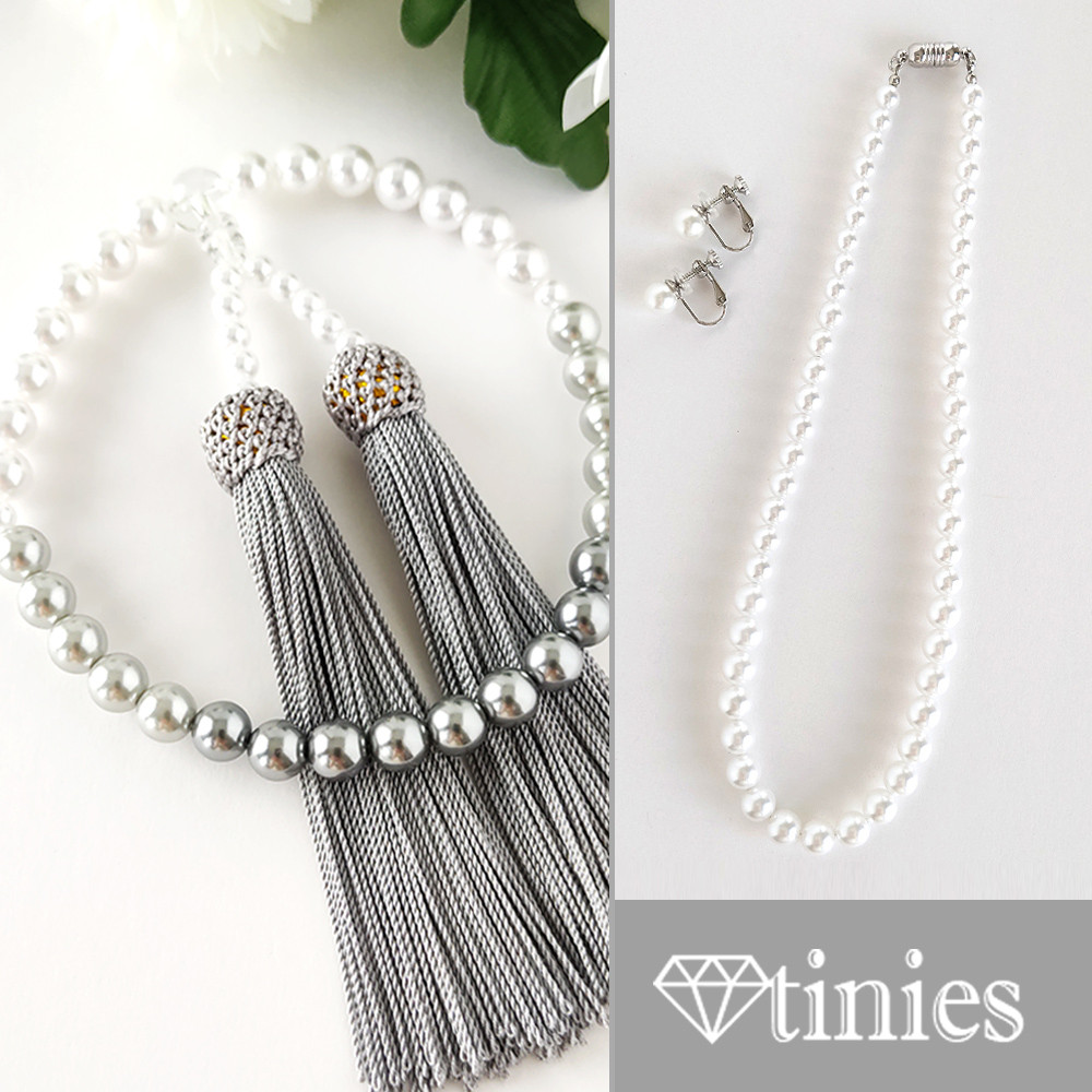 【冠婚葬祭に..３点セット】三色階調パールの数珠・略式念珠/灰房+パールネックレス&一粒イヤリング