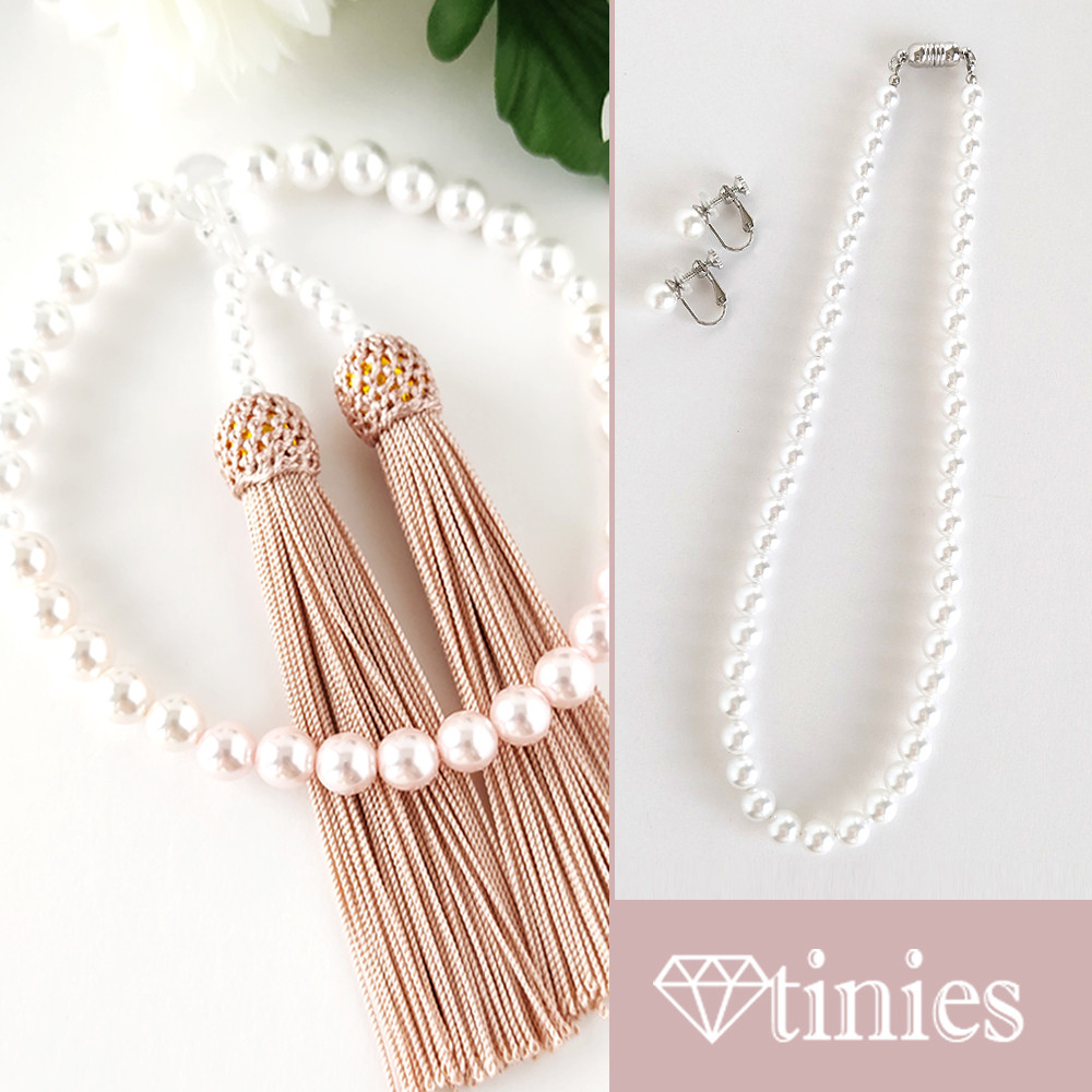 【冠婚葬祭に..３点セット】三色階調パールの数珠・略式念珠/灰桜房+パールネックレス&一粒イヤリング