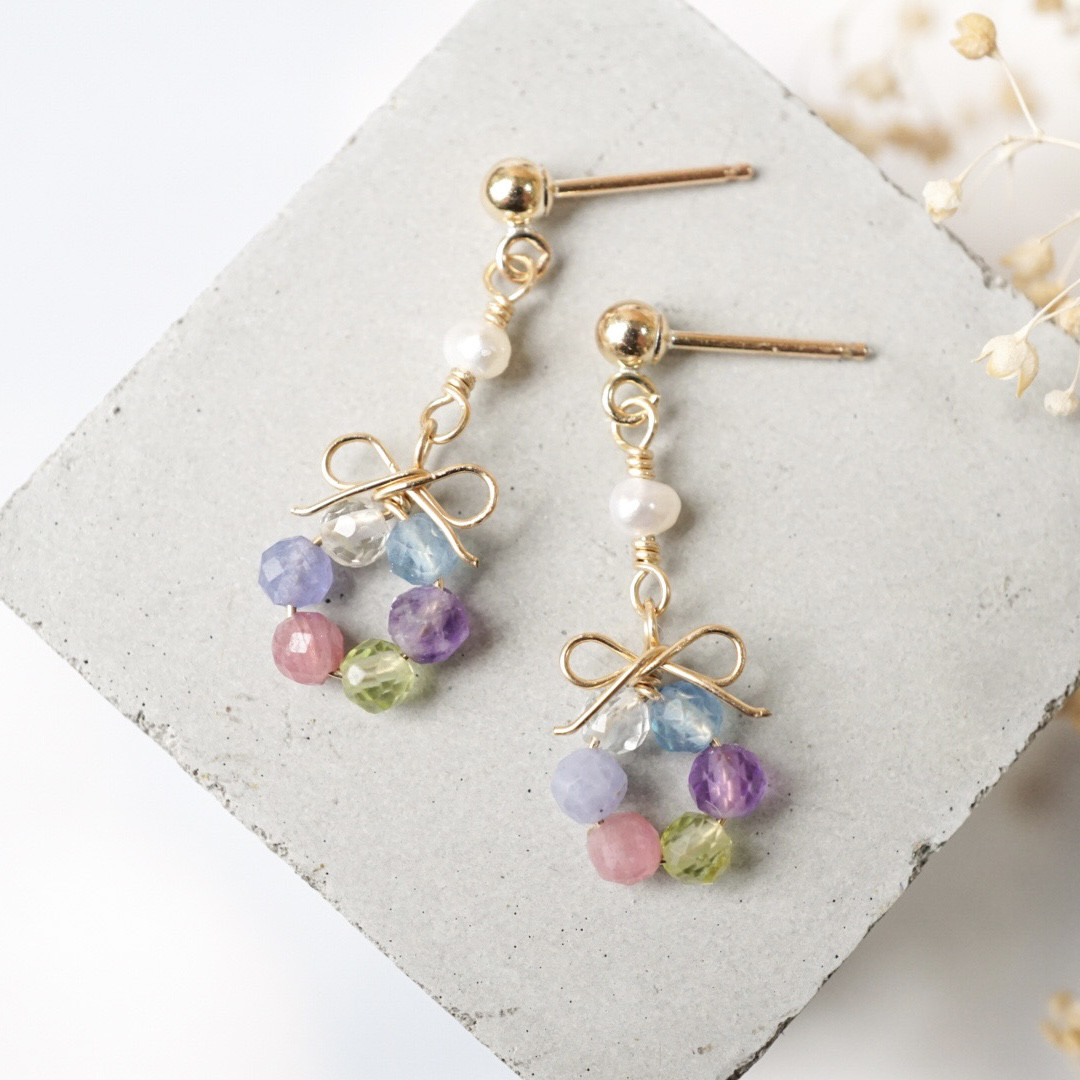 「アジサイの花結」ピアス イヤリング 淡水パール リボン 天然石 誕生石 パステル 春 梅雨 ゴールド 14kgf