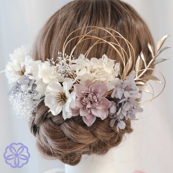 髪飾り 薄紫×白の林檎の花の髪かざり　成人式　卒業式　結婚式　振袖　着物　和装　ヘアアクセサリー　留袖　前撮り 1枚目の画像