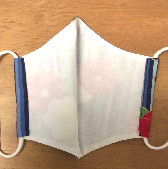 送料無料　立体 布マスク ハンドメイド かわいい 和柄 椿 花柄 縞柄 梅 つばき 青色系 (裏地白)B 着物 7枚目の画像