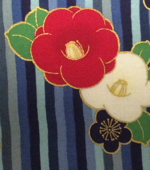 送料無料　立体 布マスク ハンドメイド かわいい 和柄 椿 花柄 縞柄 梅 つばき 青色系 (裏地白)B 着物 4枚目の画像