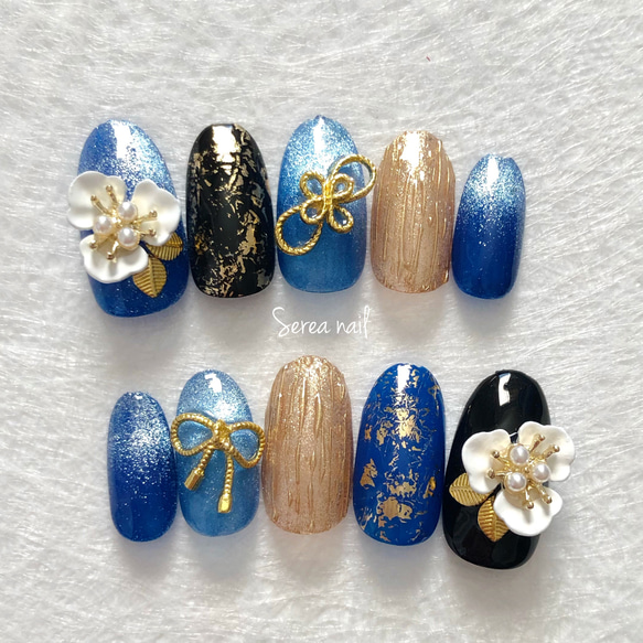 鮮やかブルーマグネットネイルチップ［フラワー］成人式.結婚式.和装