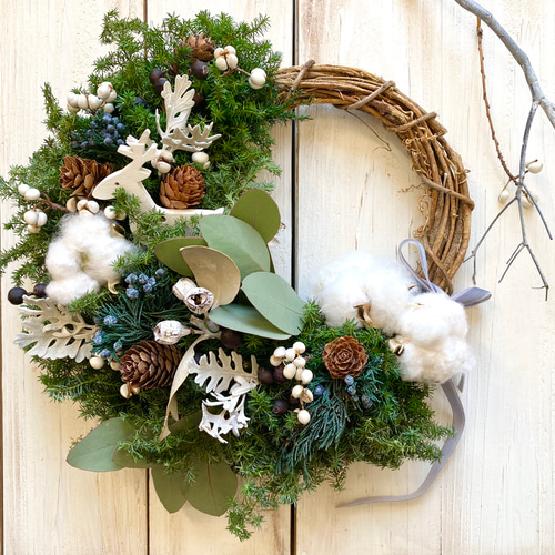 針葉樹とホワイトコットンのクリスマスリース☆冬リース
