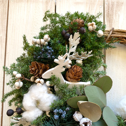 針葉樹とホワイトコットンのクリスマスリース☆冬リース 針葉樹とホワイトコットンのクリスマスリース☆冬リース 森の針葉樹