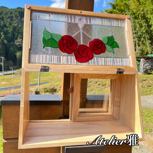 木製ディスプレイケース☆ステンドグラス風グラスアート（バラ
