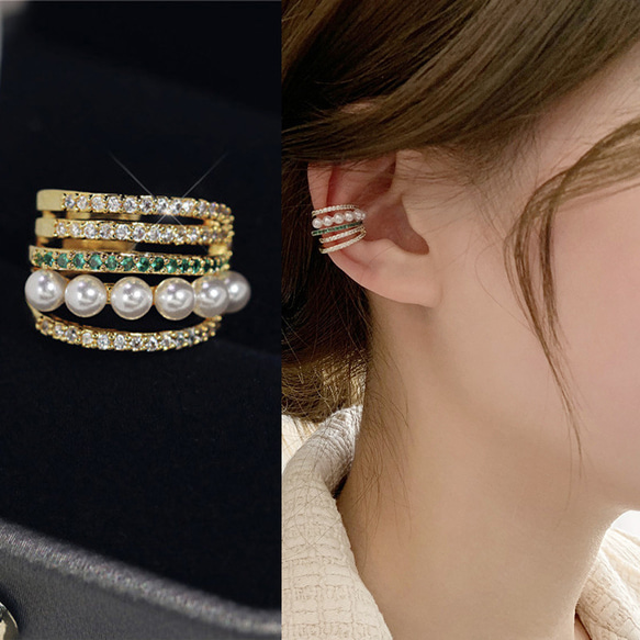 イヤーカフ パール 18K ゴールド 金属アレルギー対応 レディース 片耳 小さめ グリーン 仕事 プレゼント オフィス 1枚目の画像