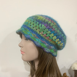 手工鉤針編織貝蕾帽。人氣款。藍綠段染色。輕盈的優質日本線 第3張的照片