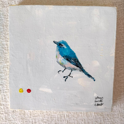ヤスオ　アラキ絵画　青い鳥 鳥の絵 オリジナル絵画 青い鳥15x15cm鳥アート鳥愛好家のための