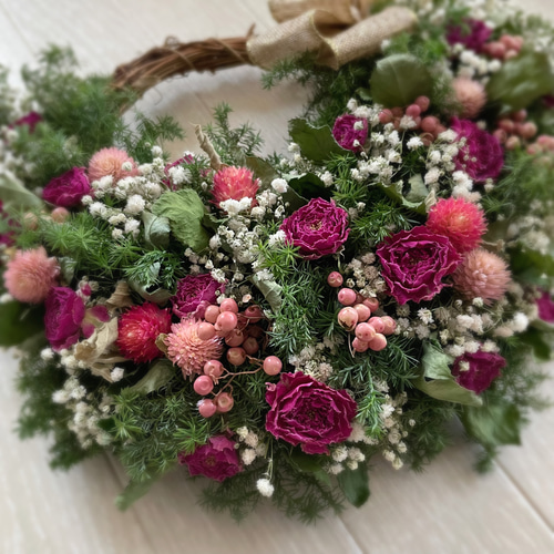 28㌢ かすみ草とバラのリース リース flower32n 通販 14924268